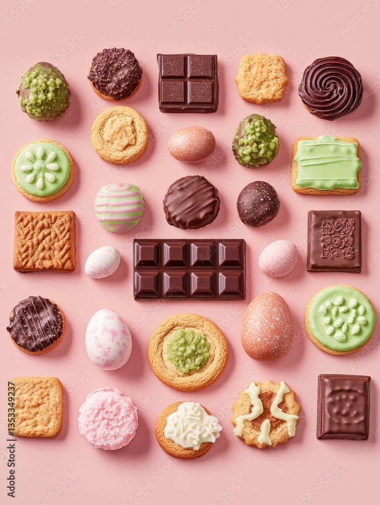 Poster vibrant assortment of colorful cookies chocolates and pastel candy eggs arranged in a grid pattern o