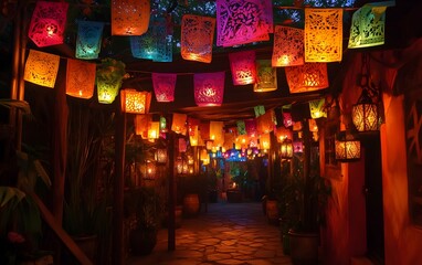 Obraz premium A vibrant night scene illuminated by colorful papel picado banners and lanterns, creating a festive atmosphere