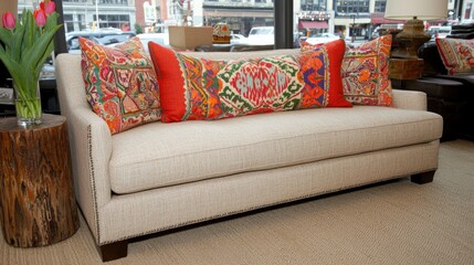 Cozy contemporary living room neutral sofa with colorful pillows for stylish interior design