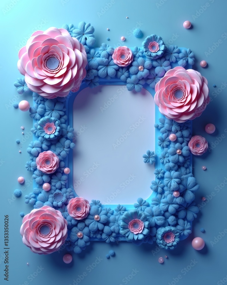 Poster a floral frame with pink and blue colors that contains empty space for a picture or text. the frame 