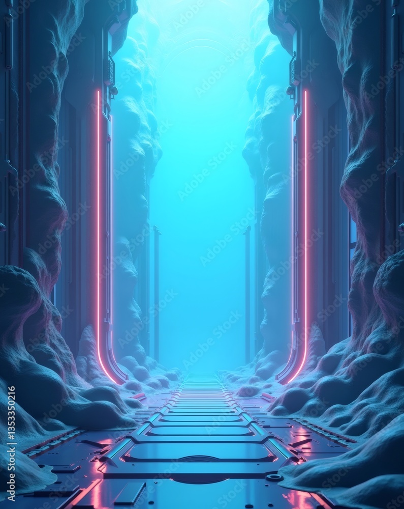Poster an artistic futuristic pathway of a blue tunnel with glowing neon lights, creating a sense of depth 