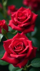 Naklejka premium Beautiful close-up of colorful red roses with green leaves, vibrant, red, roses