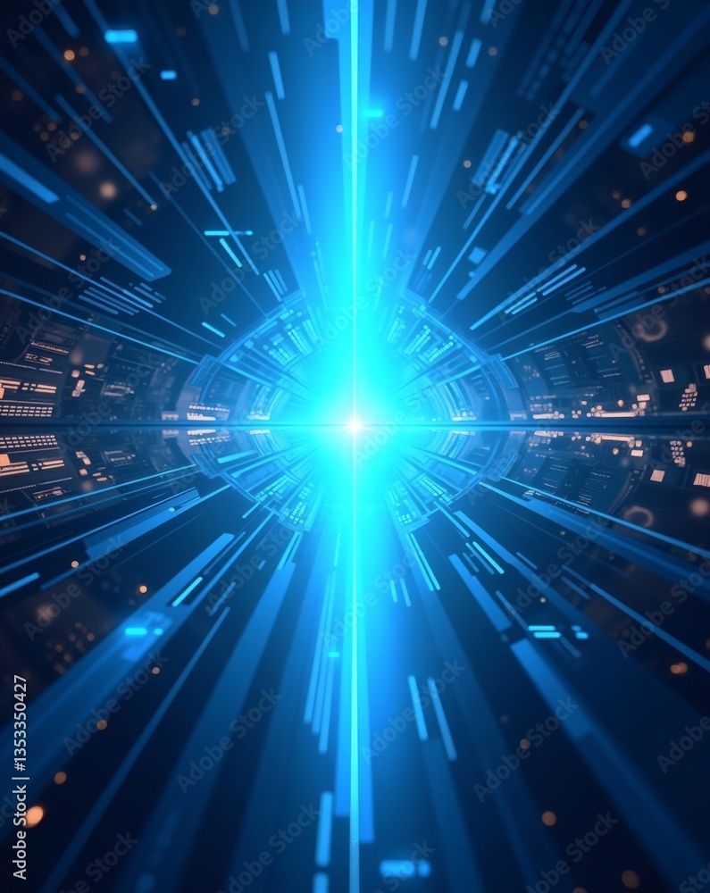 Poster a futuristic digital tunnel with glowing neon lights, creating an immersive atmosphere. The lights emanate from the center and radiate outwards, evoking a sense of speed and data
