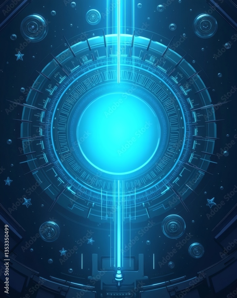 Poster an artistic depiction of an advanced technological device emitting a powerful, bright beam of light 