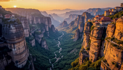 Sunset view of monasteries on cliffs overlooking a lush valley with winding paths