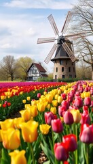 Traditional windmill amidst vibrant tulip field, spring scene, classic, landscape