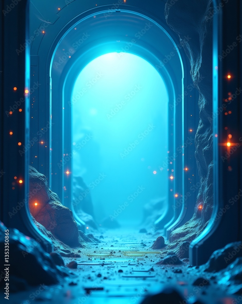 Poster an immersive, futuristic archway bathed in ethereal blue light. the tunnel appears to lead into a br