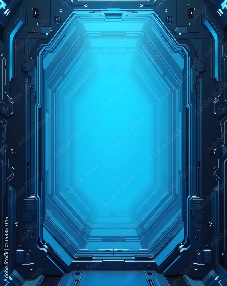 Poster a futuristic portal or gateway with glowing blue light. the design features a symmetrical tunnel wit