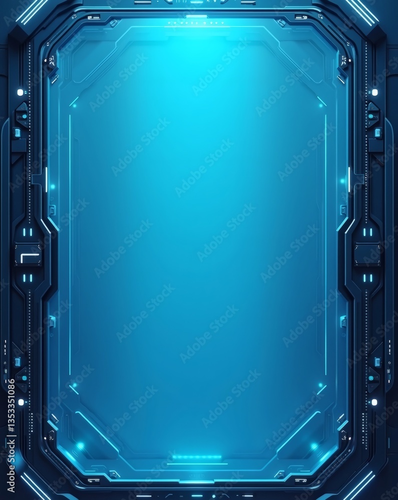 Poster futuristic digital display with a metallic frame and a bright blue screen