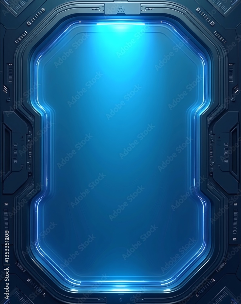 Poster futuristic window with blue light in dark room, looks so cool and modern, feels the vibe of technolo