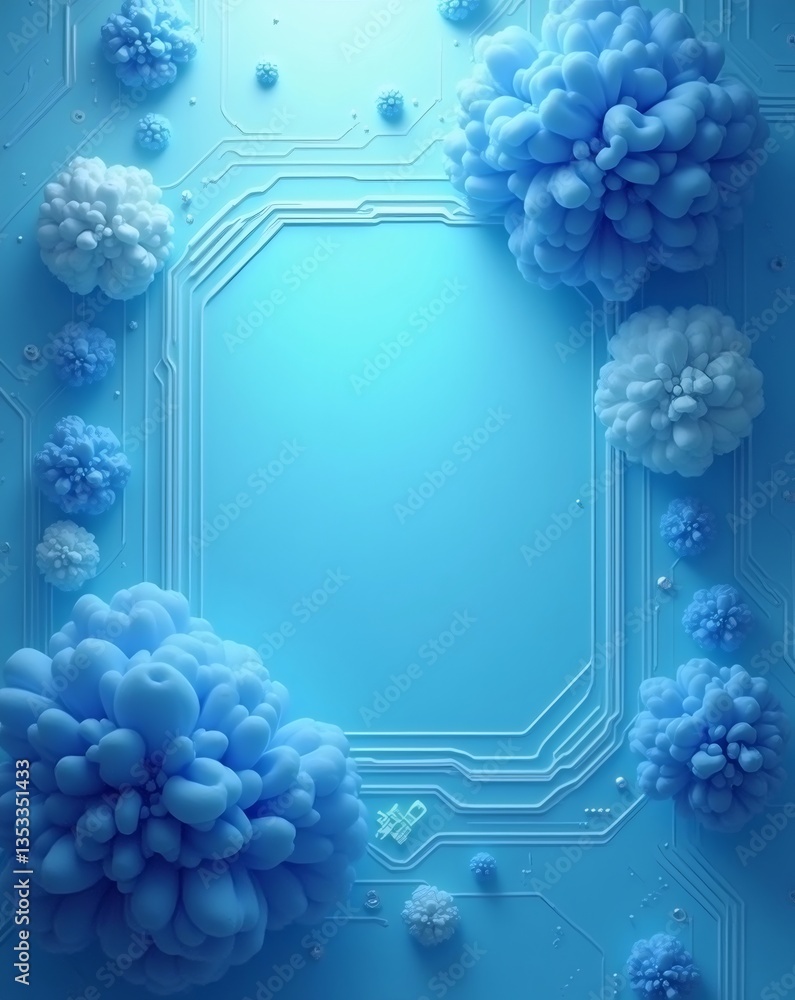 Poster a stunning digital rendering of soft, fluffy, blue floral elements around a glowing rectangular fram