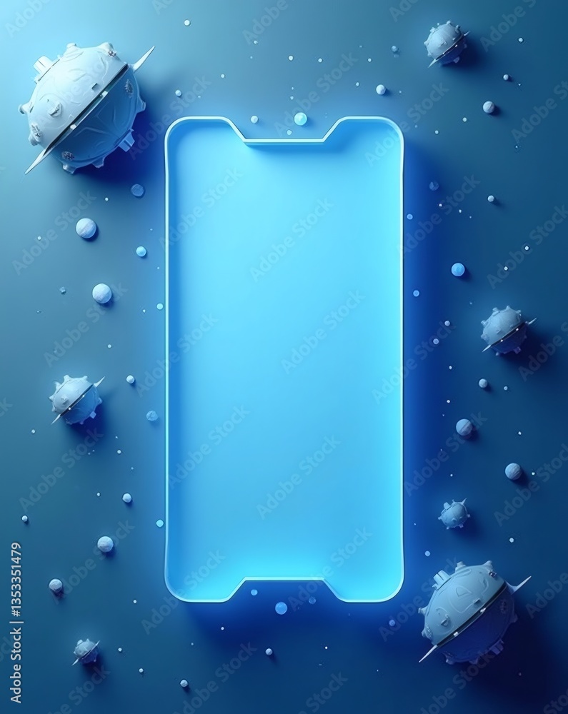 Poster a glowing blue smartphone surrounded by abstract virus particles, illustrating digital security and 