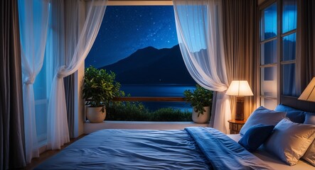 Peaceful bedroom with night breeze flowing through sheer curtains