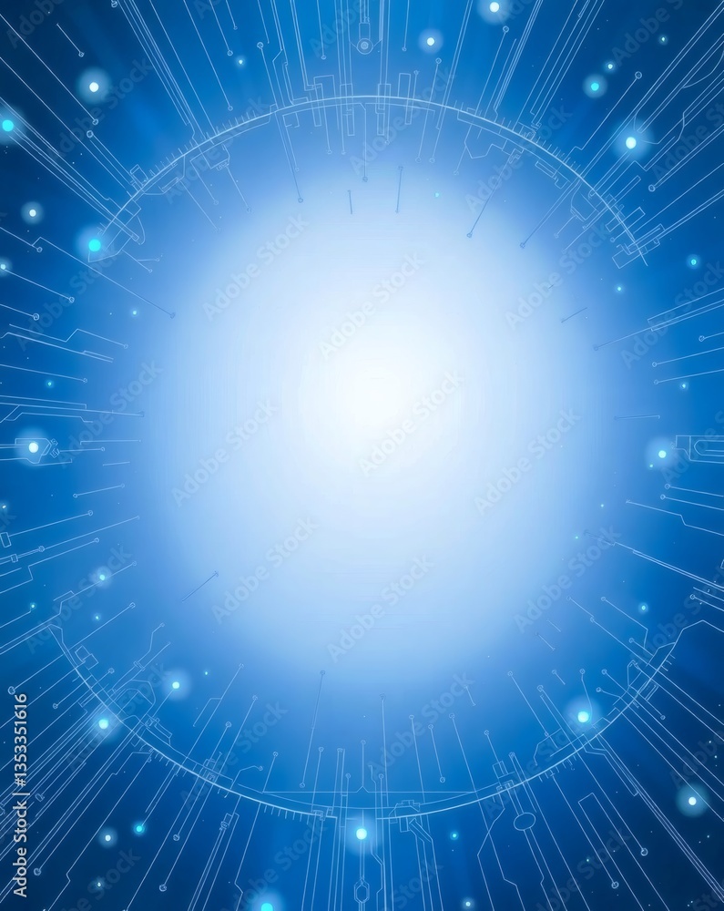 Poster glowing blue abstract background with digital circuit patterns, creating a futuristic and technological feel. It features bright and vibrant glowing lights and intricate patterns