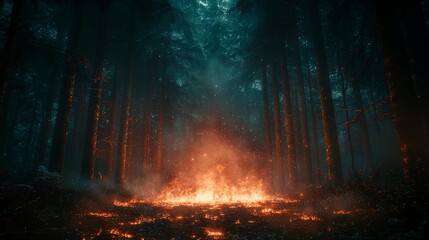 Enchanting fire in a dark, mystical forest.