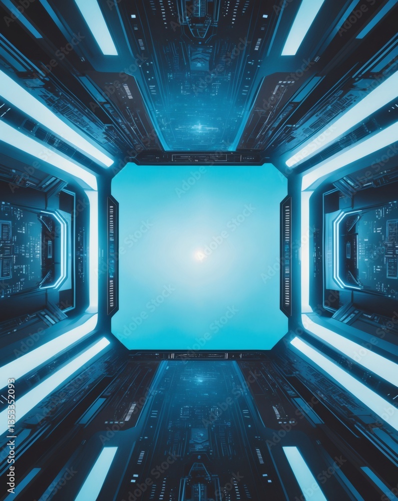 Poster a futuristic interior with neon blue lights forming a square structure with a bright center, reminis