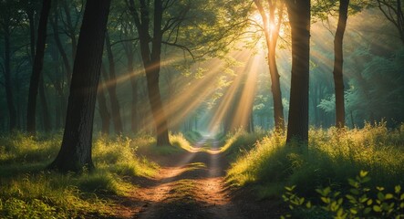 Peaceful forest path with soft morning sunbeams filtering through trees