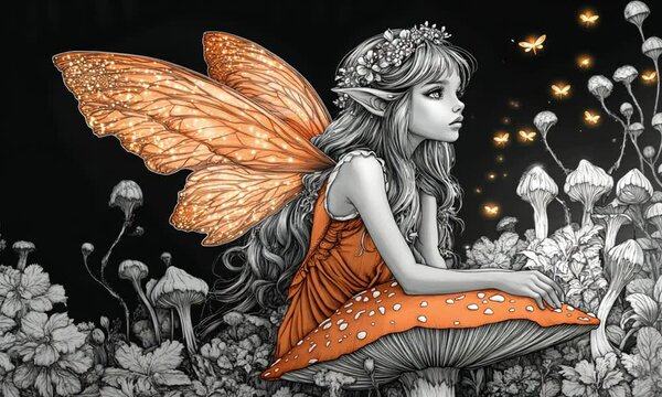 Artistic grayscale fairy with butterfly wings sitting on a rock, representing fantasy, mysticism, and magical beauty.