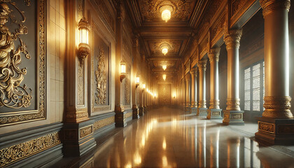 Obraz premium 中世ヨーロッパ風・神殿内の廊下