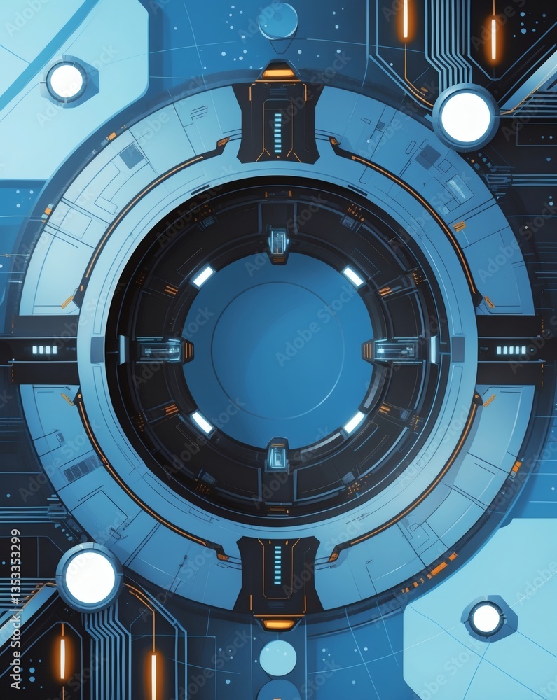 Poster futuristic technological background with a circular design and a bright blue color scheme, suggesting innovation and cutting-edge technology. The composition features clean lines, geometric shapes.