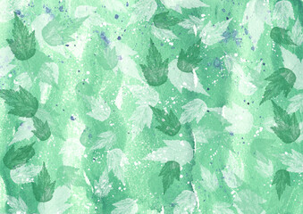 Painted green watercolor background in a trendy style. Creative delicate summer texture with leaves. Organic, natural background, texture, leaf pattern