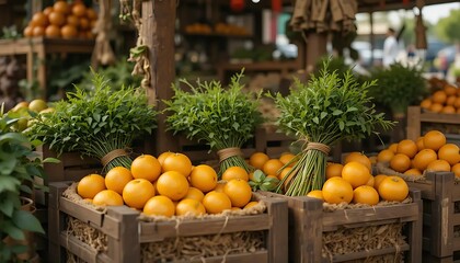 Vibrant Fresh Oranges and Green Herbs Displayed in Wooden Crates at a Outdoor Market Setting