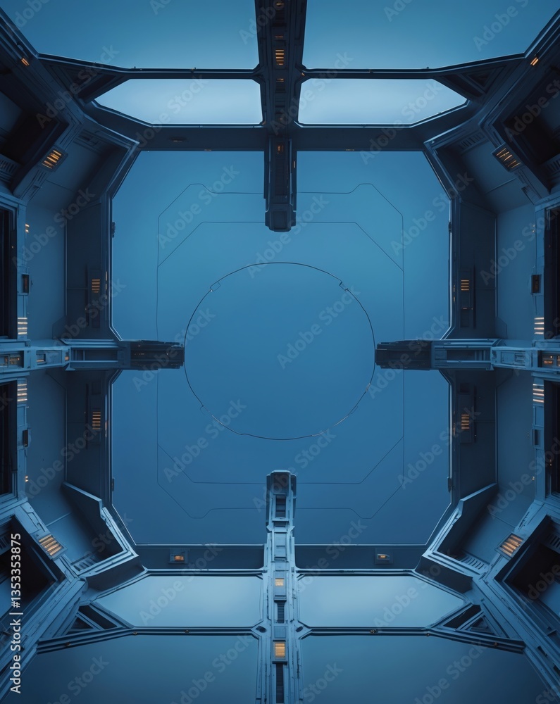 Poster interior of a futuristic blue metal structure with a symmetrical design, creating a sense of modern 