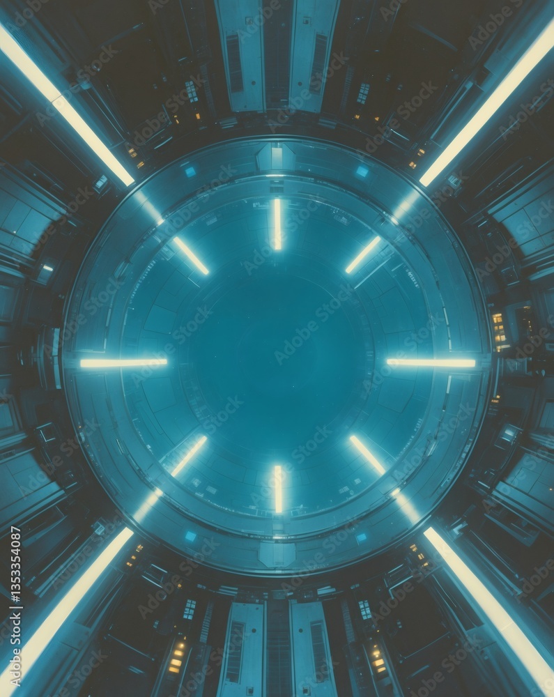 Poster a futuristic spaceship interior with glowing lights. the image captures a unique perspective with a 