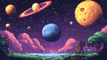 Pixel Art Space Landscape With Planets And Stars