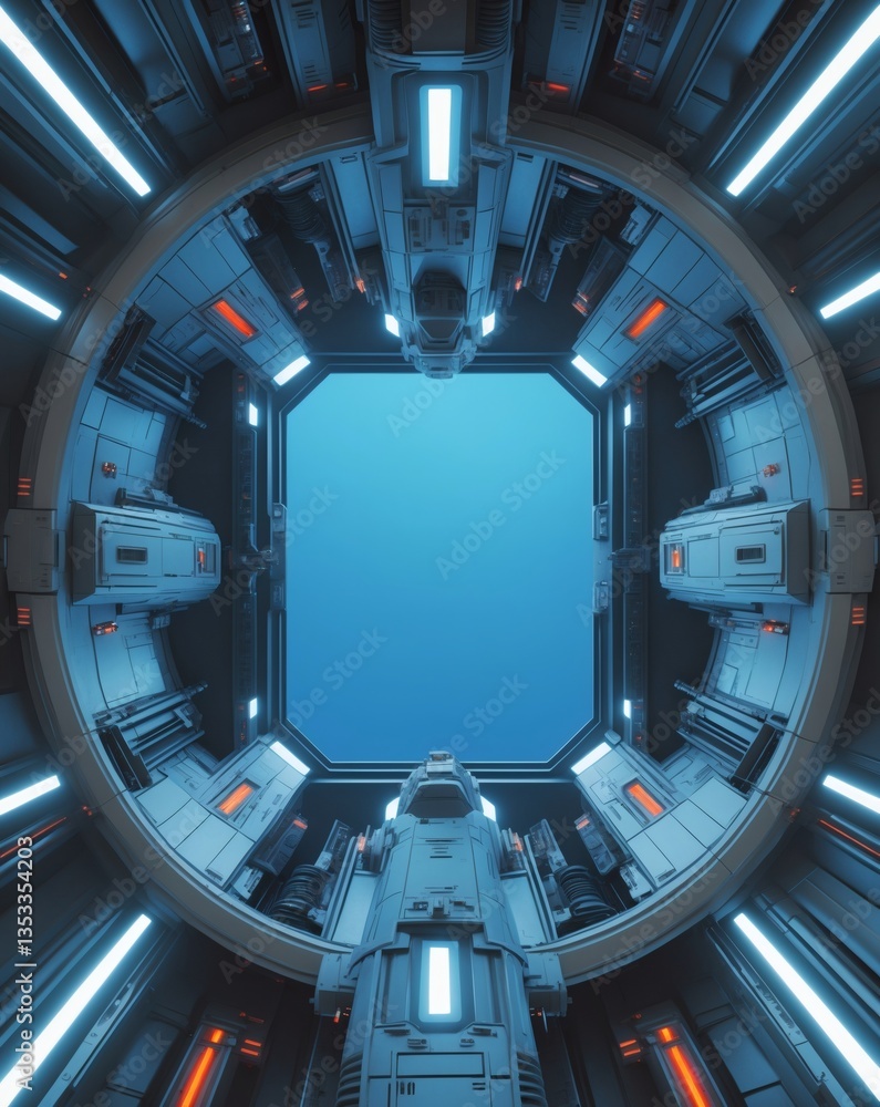 Poster futuristic spaceship interior view through a circular window, gazing into a deep blue expanse, a gat