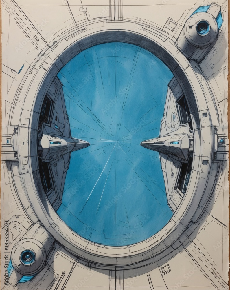 Aufkleber an artistic depiction of a futuristic spacecraft window, offering a glimpse of the vast cosmos with 
