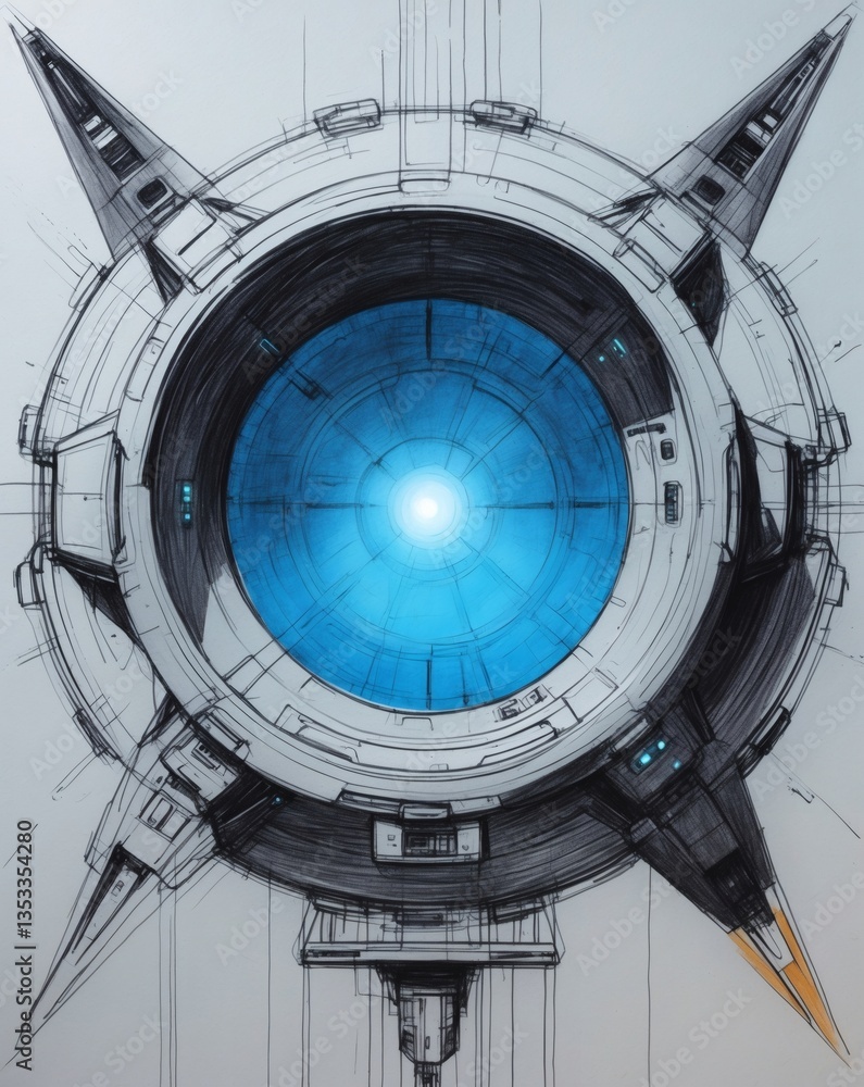 Poster a futuristic device with intricate detailing and a luminous blue center. The design is highly technical and captivating, showcasing a blend of form and functionality