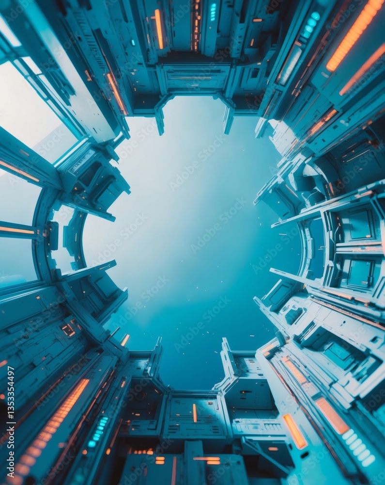 Poster a futuristic interior with a glimpse of the sky through a circular opening. the scene is characteriz