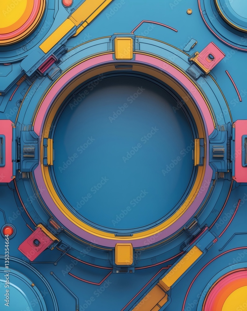 Poster a high-tech, futuristic abstract design with circular elements in bright colors