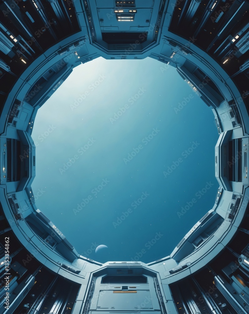 Poster a striking view from within a spacecraft, looking out at a blue sky with planets