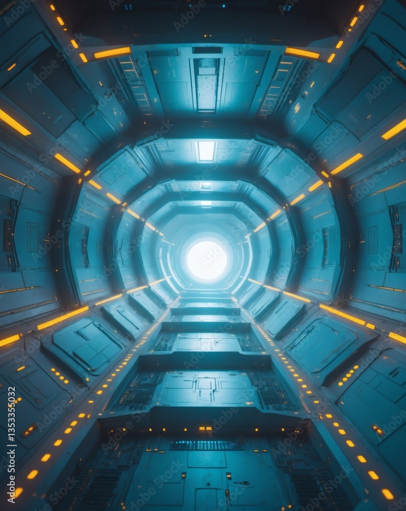Poster futuristic hallway leading to a bright light, suggesting exploration and advanced technology. the de