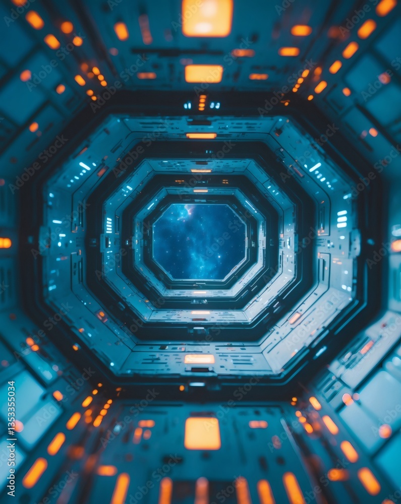 Aufkleber a futuristic, high-tech tunnel with hexagonal design and a view of space