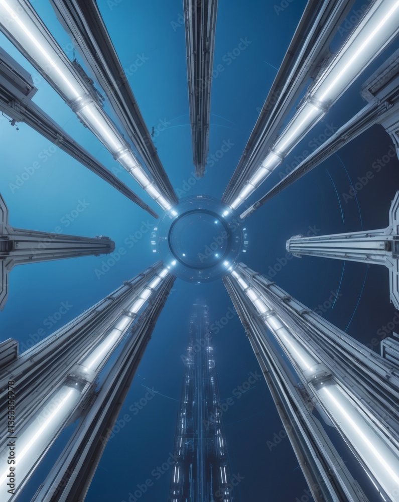 Poster a low angle shot of a futuristic building interior with bright lights and symmetrical design