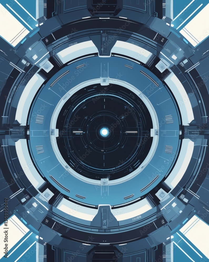 Poster a futuristic abstract with concentric circles and intricate mechanical details, creating a sense of advanced technology. The image is in shades of blue and gray.