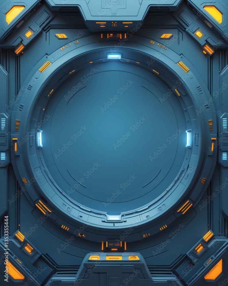 Poster a futuristic technological circular portal or a spaceship hatch. it's a highly detailed, symmetrical