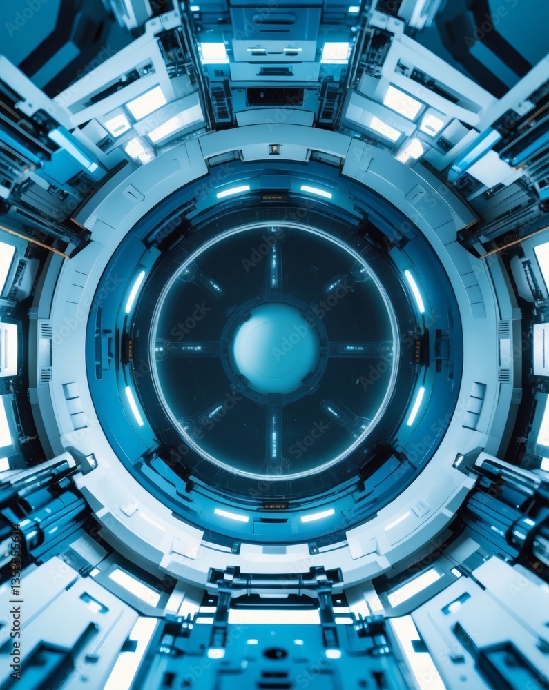 Poster a futuristic sci-fi looking spaceship interior with a bright blue color scheme. the circular design 