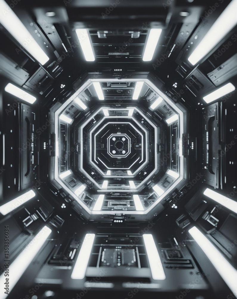 Poster a futuristic tunnel with neon lights in black and white style, a symbol of a futuristic and high-tec