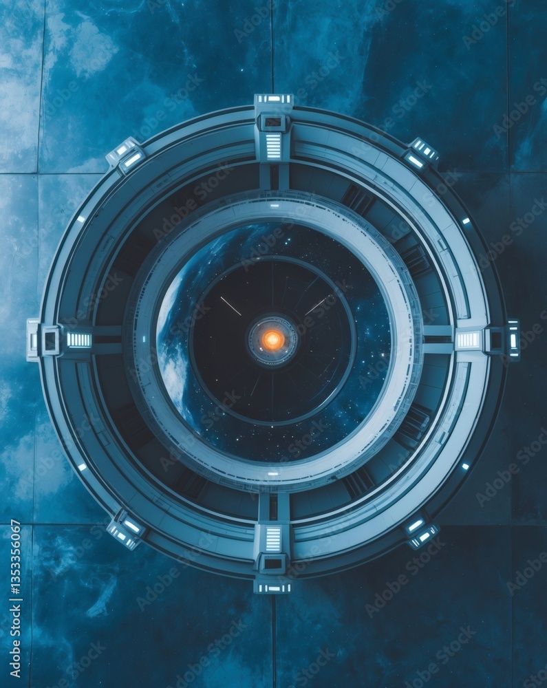 Poster a futuristic, circular device, with a design that hints at advanced technology. Its inner core glows with a warm light, as if holding immense power.