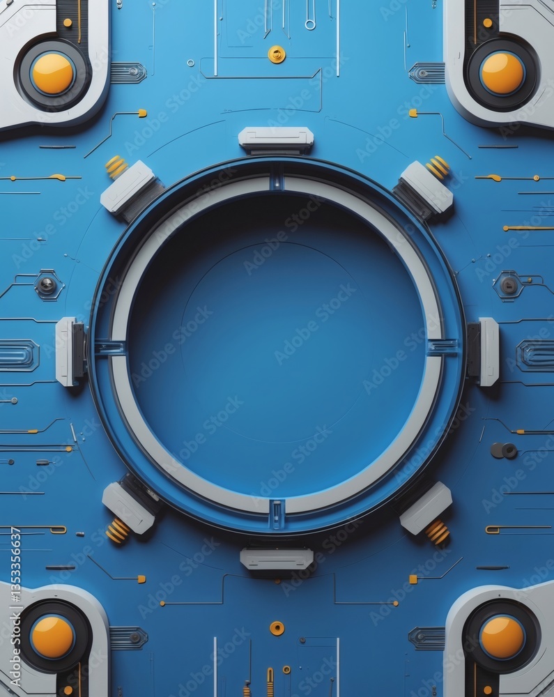 Poster blue circuit board background featuring a central circular design with industrial-style components