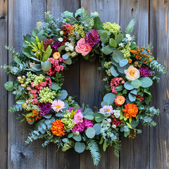 Vibrant Floral Wreath with Lush Greenery and Colorful Blooms for Festive Decor and Celebrations