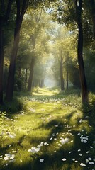 Fototapeta premium Sunny forest path bathed in light