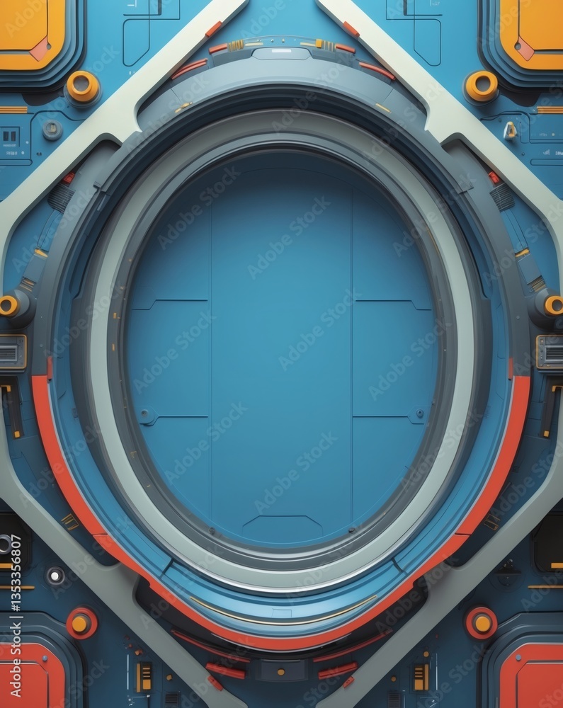 Poster a futuristic, abstract design of a portal or a hatch. it is a geometric shape with a focus on indust