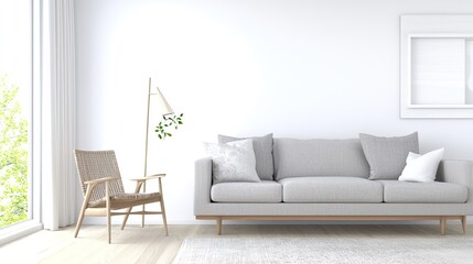 Fototapeta premium Scandinavian modern lounge design inspiration bright oak furniture minimalist style cozy environment