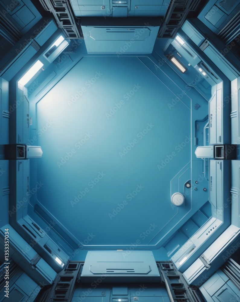 Poster a futuristic spaceship interior, a hexagon shape design with lighting