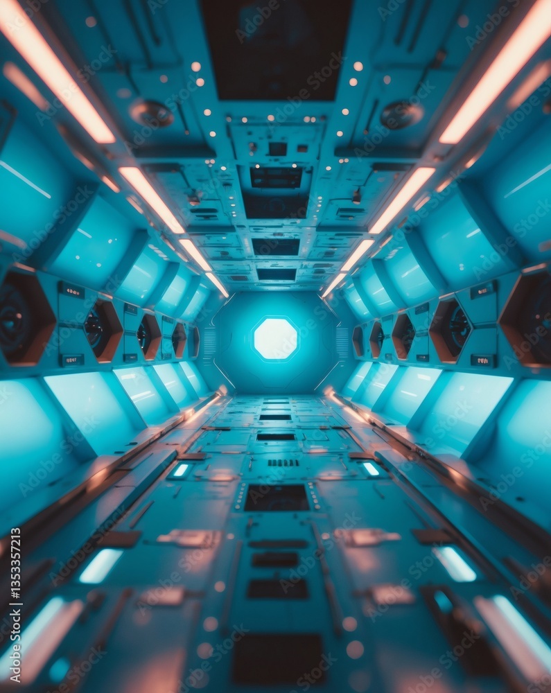 Poster an interstellar tunnel with futuristic design and glowing lights